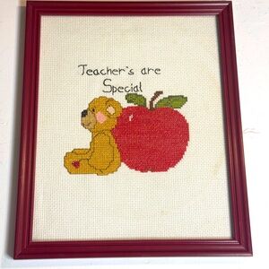 VINTAGE 8 X 10 Finished Cross Stitch Framed Picture of a message to a teacher.